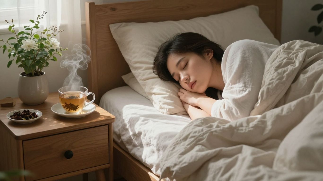 Person sleeping peacefully, herbal tea, and a plant.
