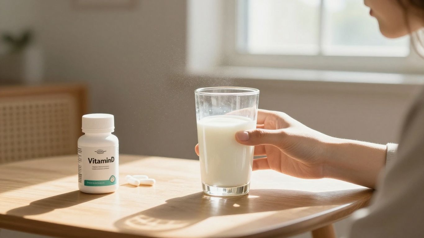 Person holding milk glass in sunlight, vitamin D bottle nearby.