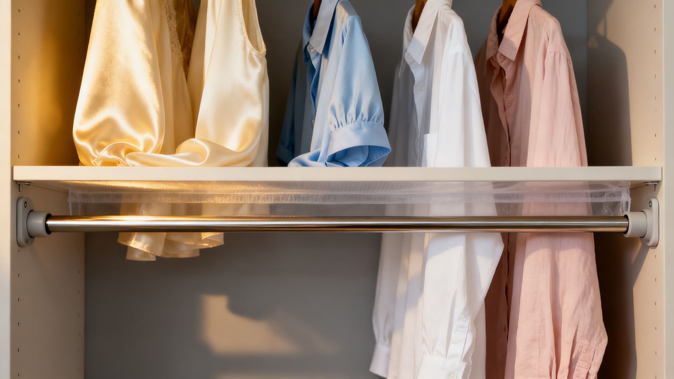An organized wardrobe with a rod installed