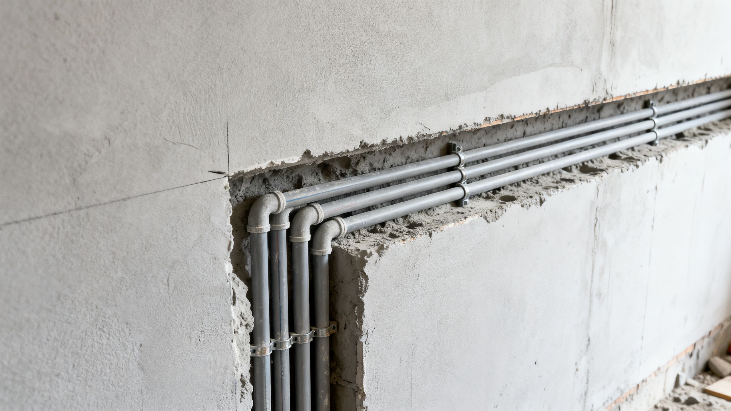 Finished wall chase with electrical conduit set at a planned depth before making good