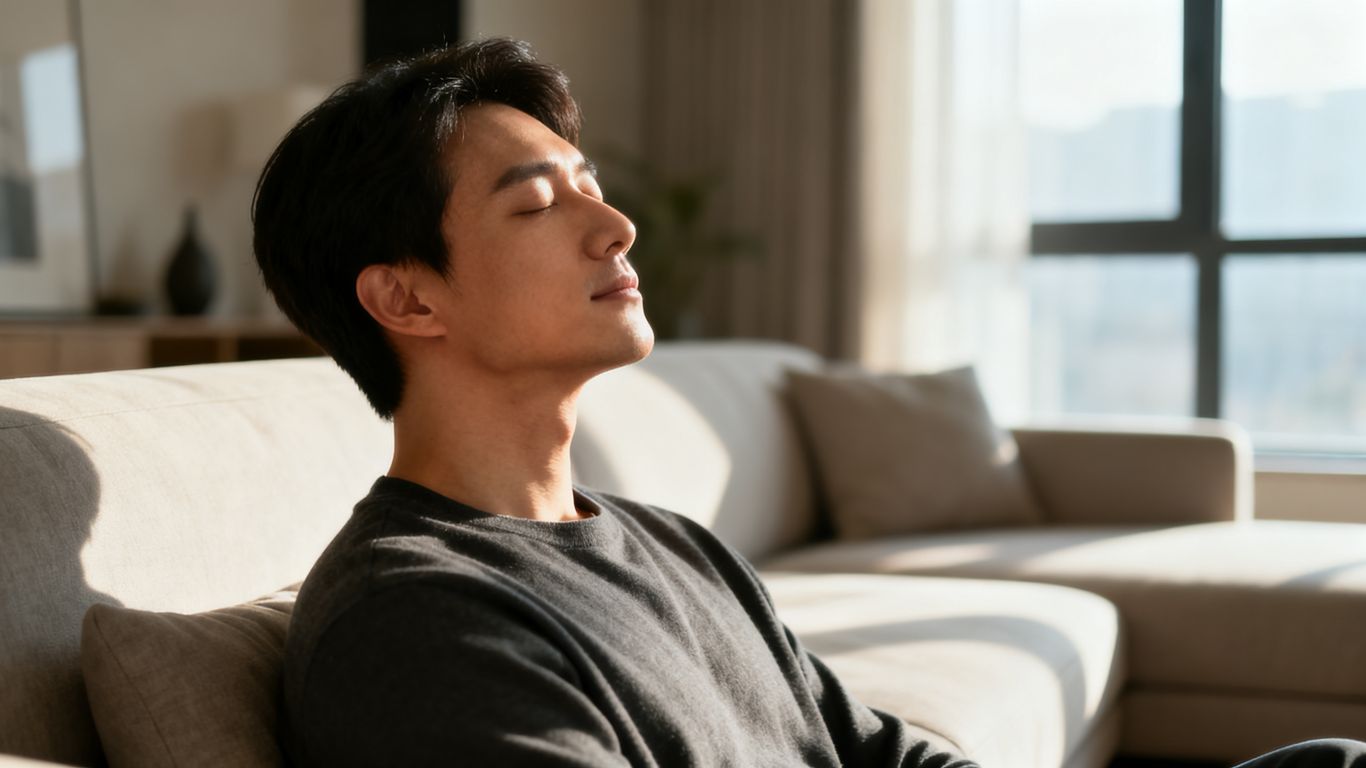 A relaxed person breathing easily