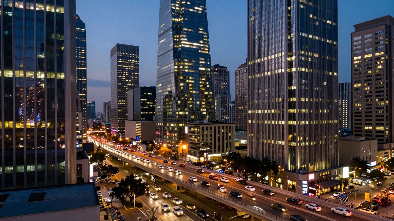 Financial district skyline with illuminated skyscrapers and busy highways.