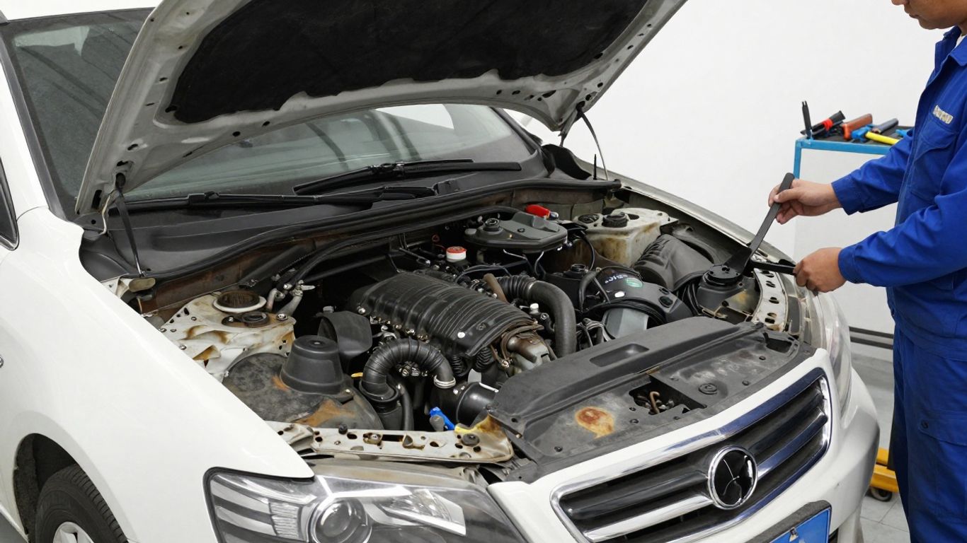 Damaged car engine in workshop bay