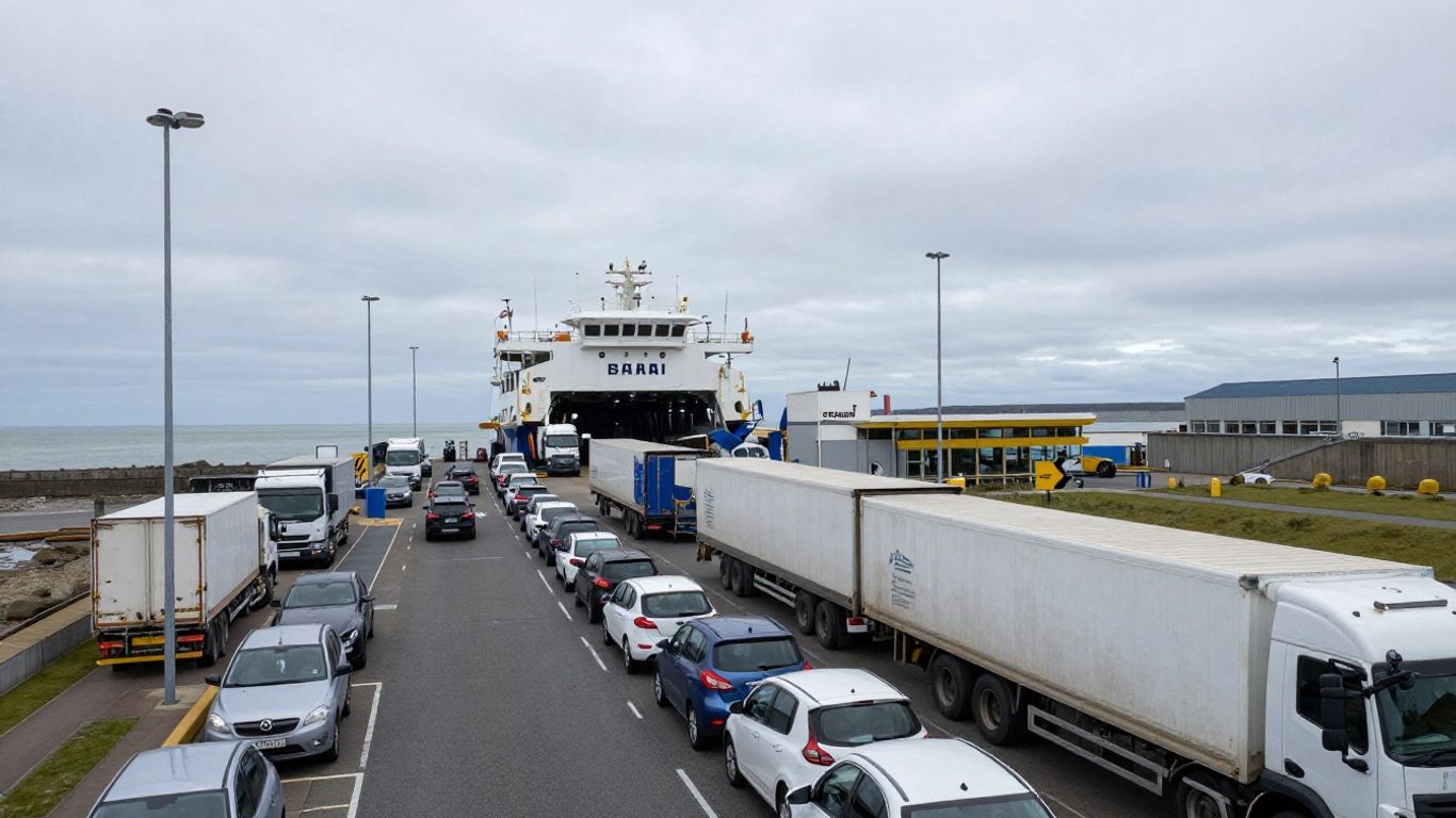 Traffic queues at Calais ferry port.