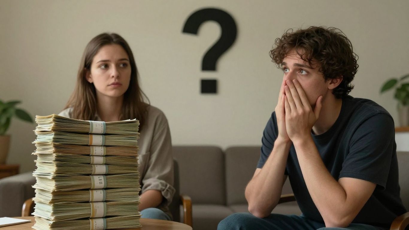 Person deciding between money and a question mark.