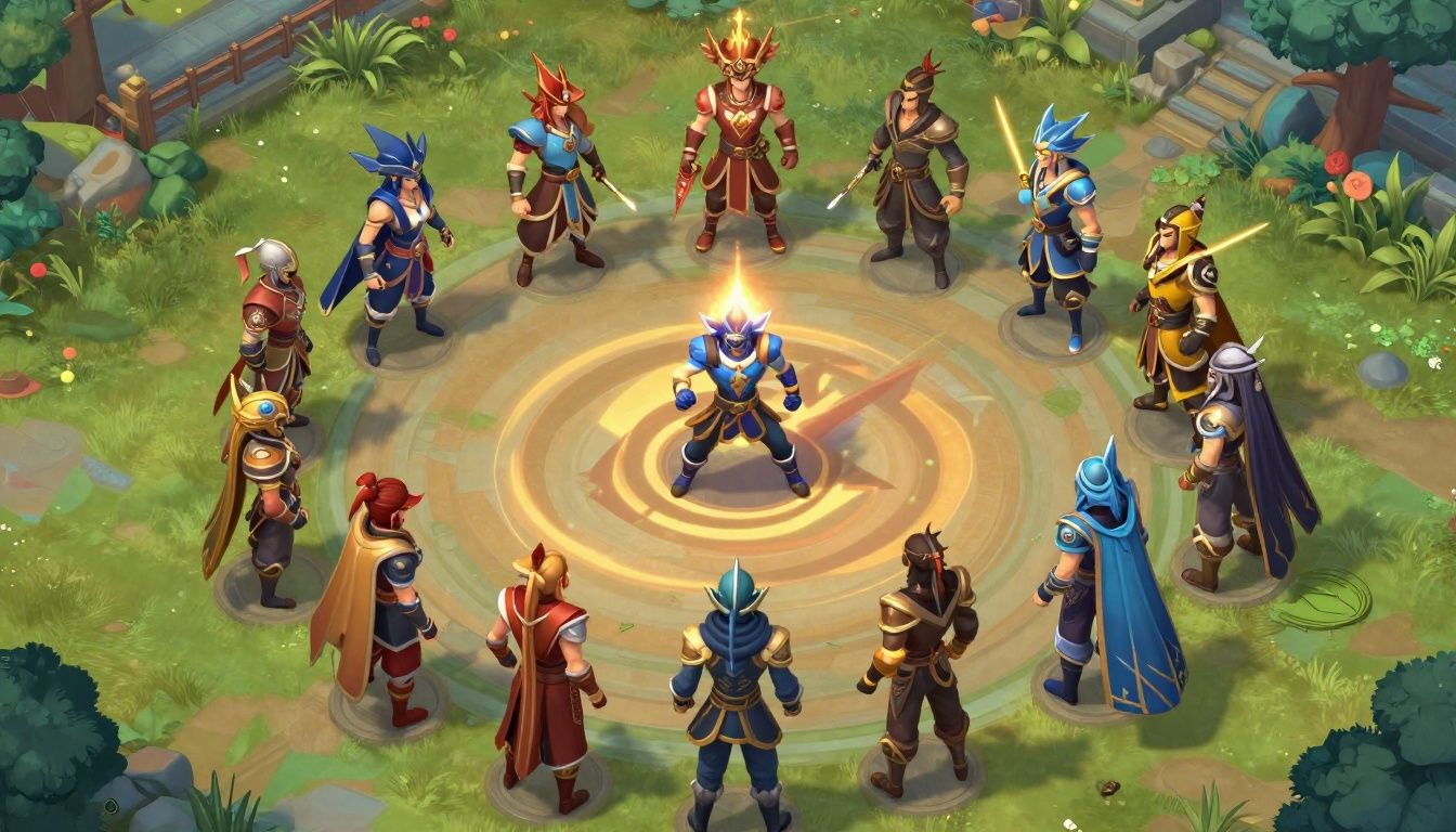 Partida de Honor of Kings com heróis disputando objetivos em uma arena colorida de batalha