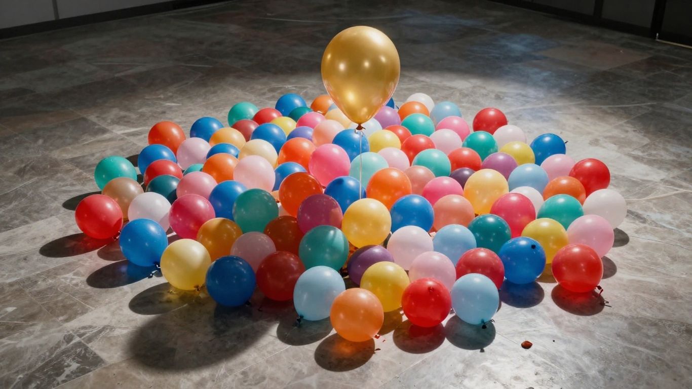 Deflated balloons with one golden balloon floating above.