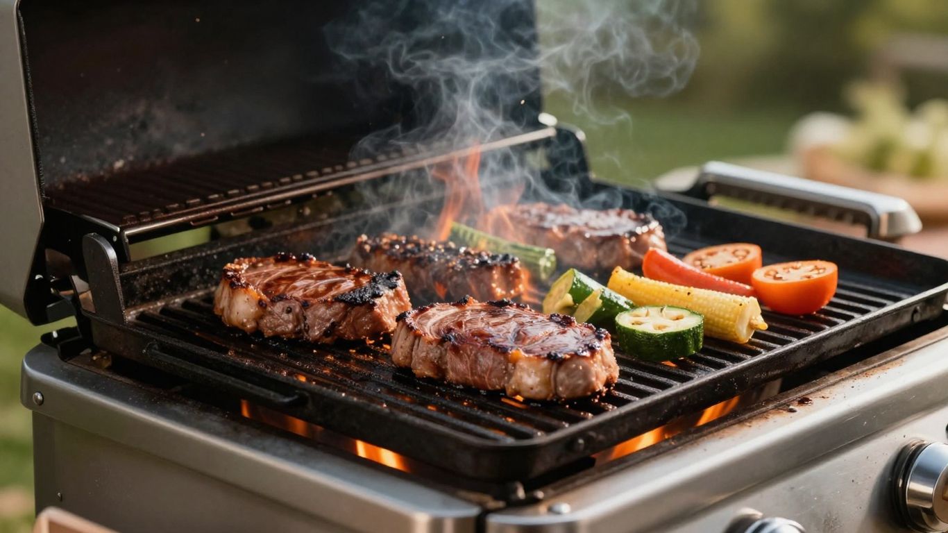 Griddle gas BBQ cooking steaks and vegetables outdoors.