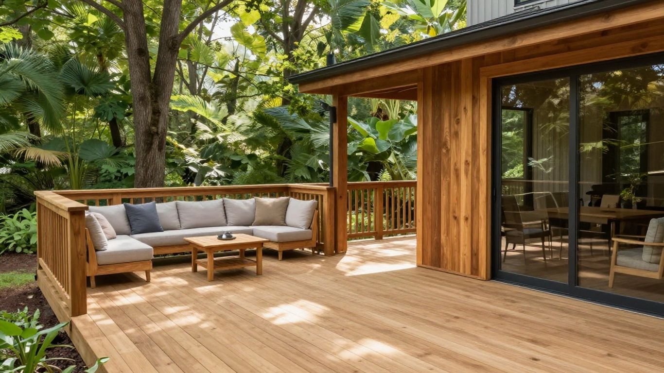 Cedar deck attached to a modern home with landscaping.