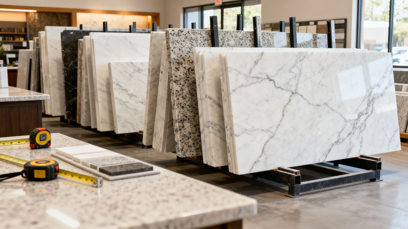 White quartz remnant pieces arranged in a bright stone showroom