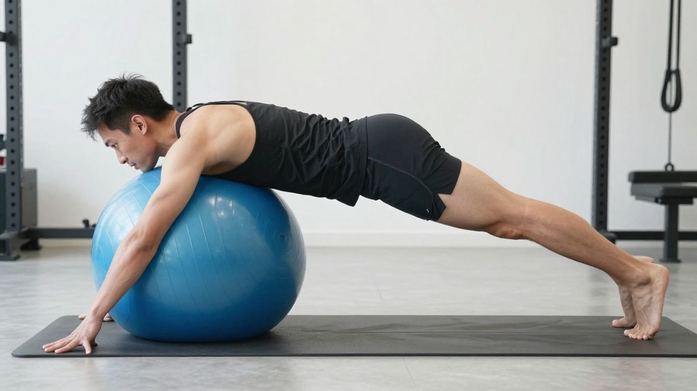 Person planking on a blue balance ball.