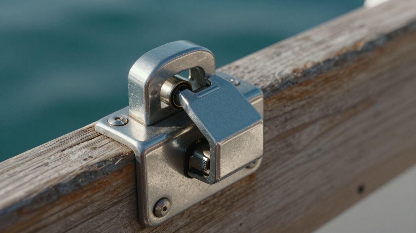 Gecertificeerd schuifdeurslot boot op een houten achtergrond.