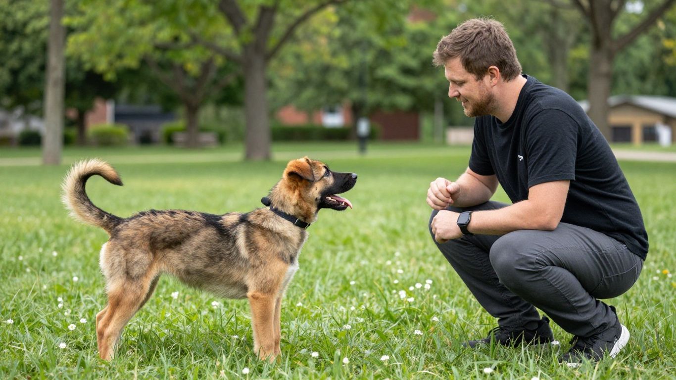 Young puppy practicing training commands