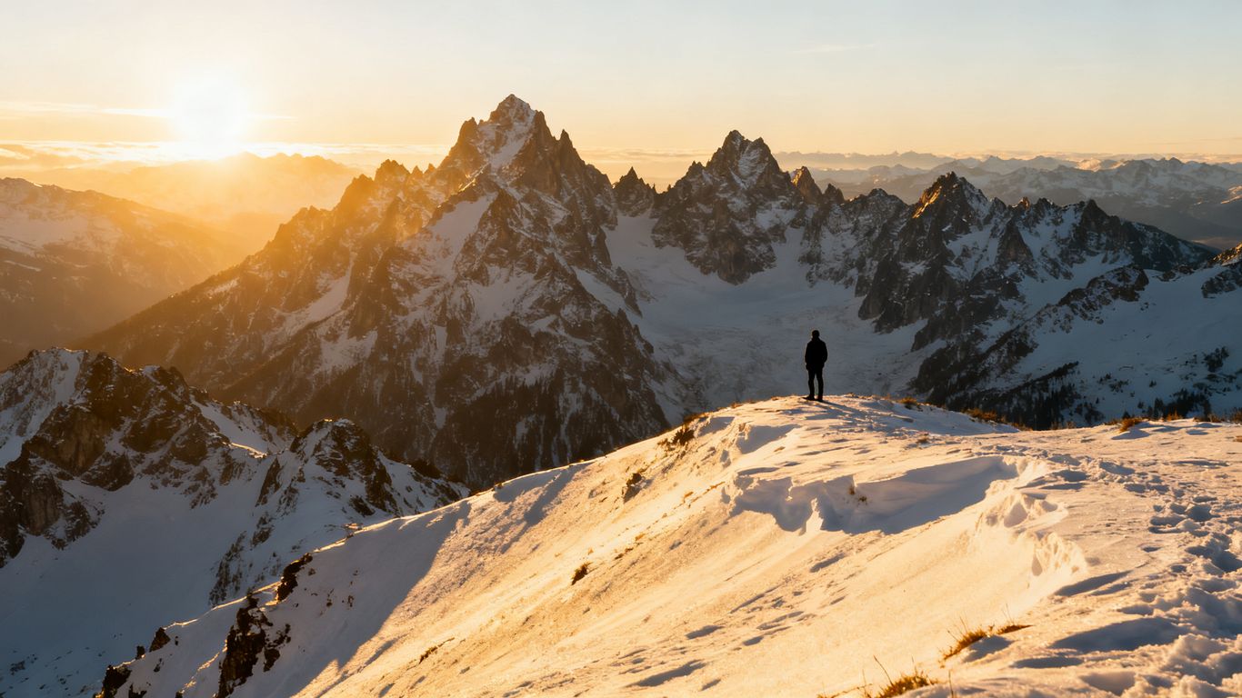 Snowy mountains under the midnight sun.