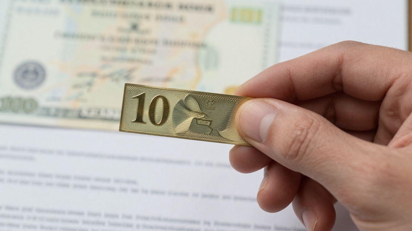 Close-up of a metallic bond certificate held in a hand.