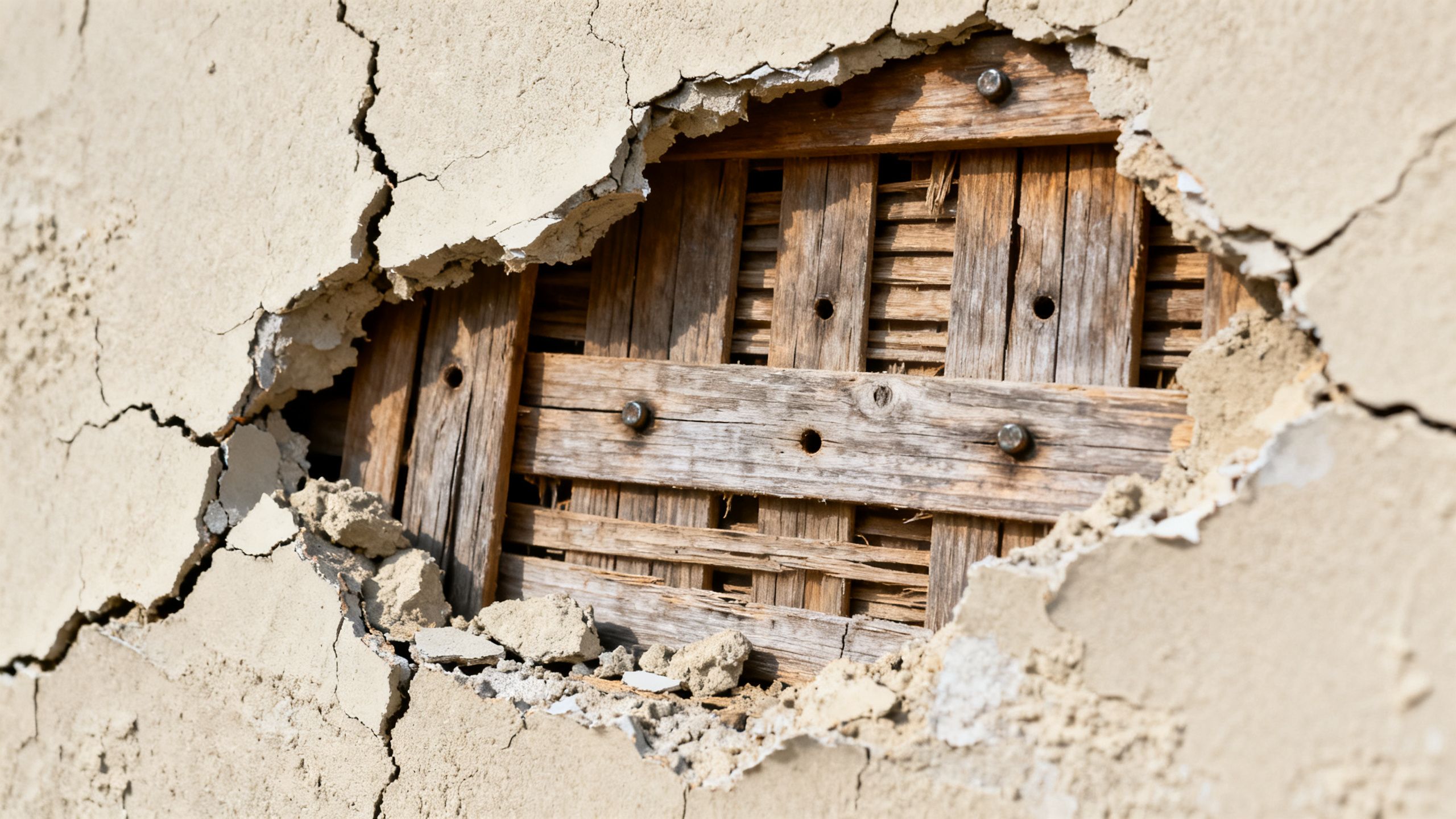 Collapsed section of lath and plaster showing the substrate behind