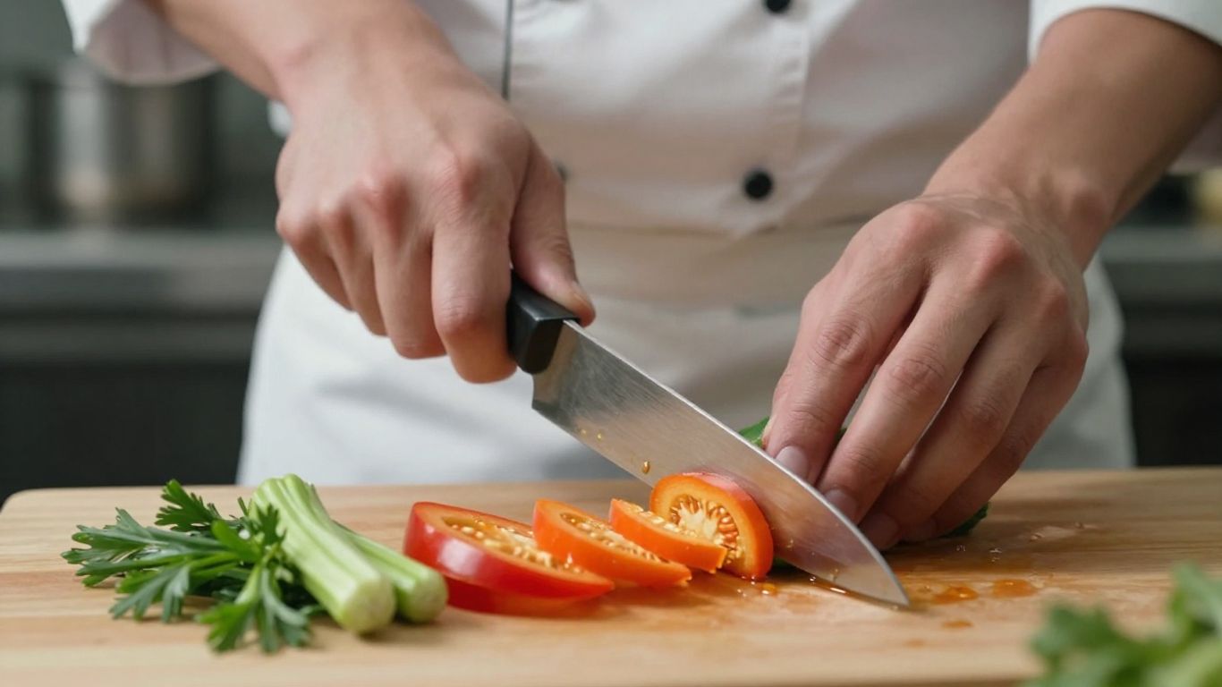 Chef's hands rapidly and safely chopping vegetables with a knife.