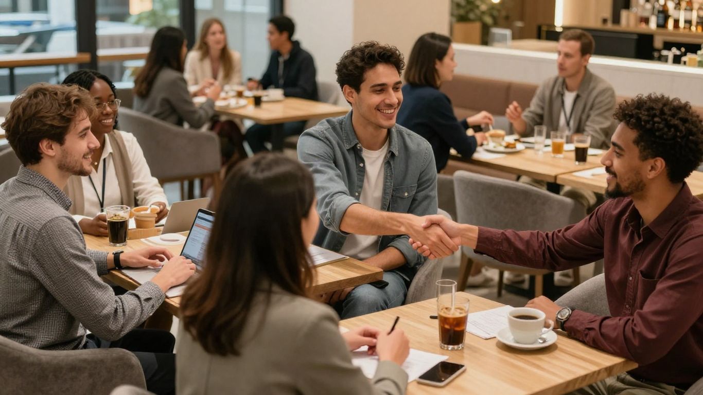 Des professionnels de l'hôtellerie discutent et se serrent la main.