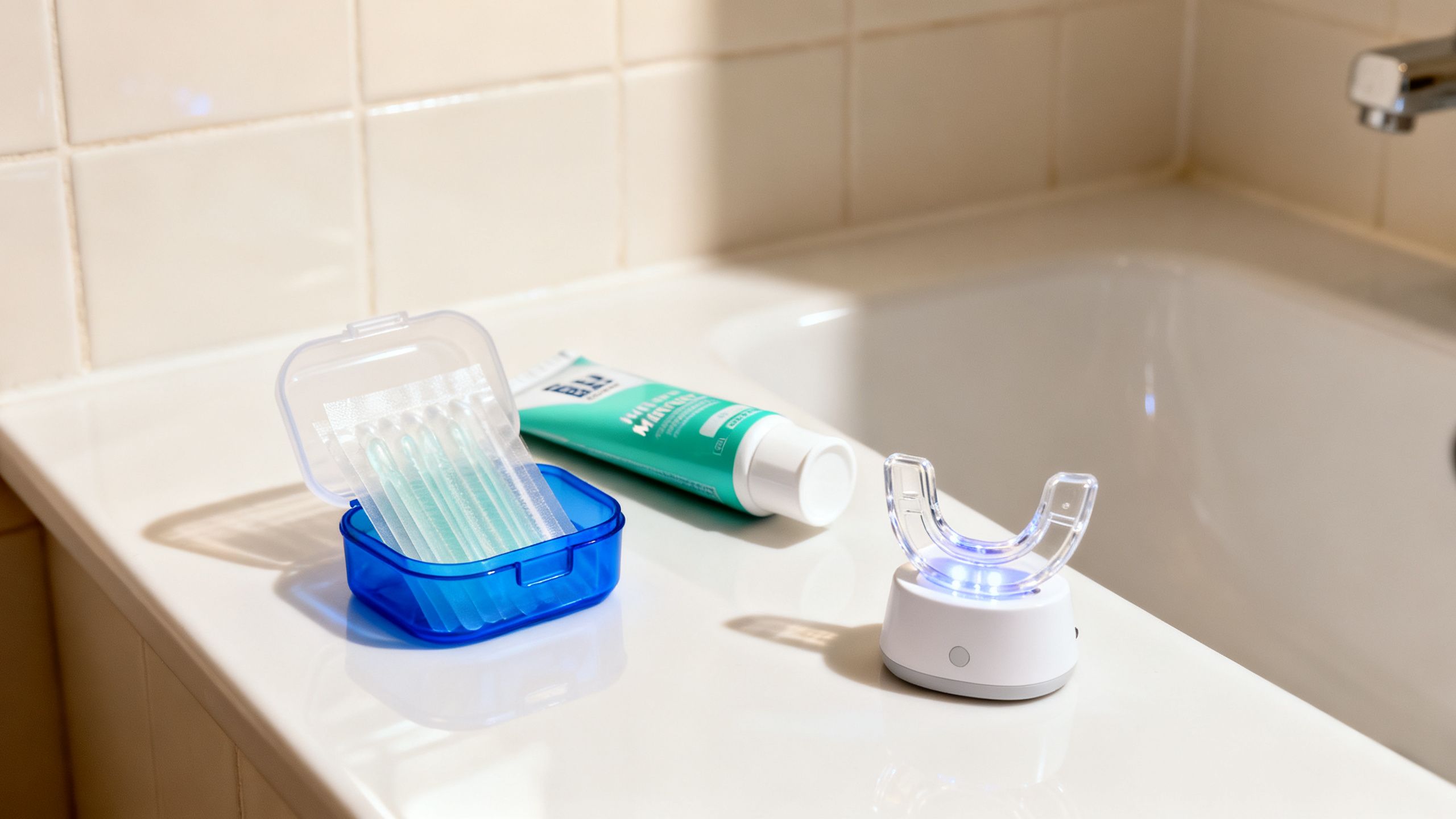 A collection of over-the-counter teeth whitening products like strips, toothpaste, and an LED kit on a bathroom counter.