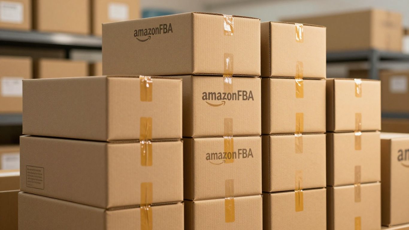 Amazon FBA growth with product boxes and upward trend.