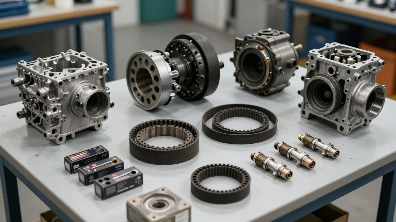 Mazda engine parts arranged on workshop bench