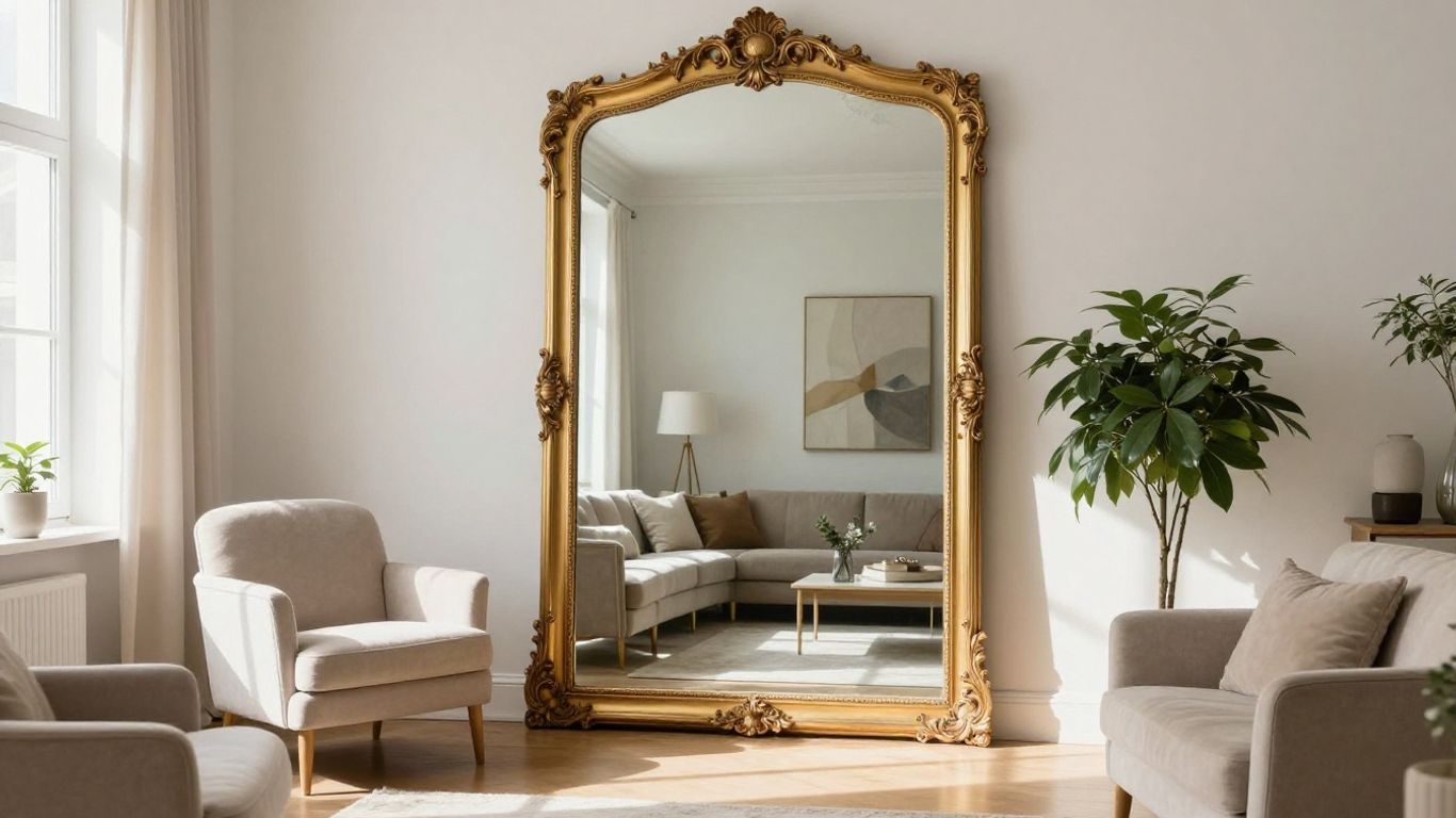 Large ornate gold mirror in a sunlit living room.