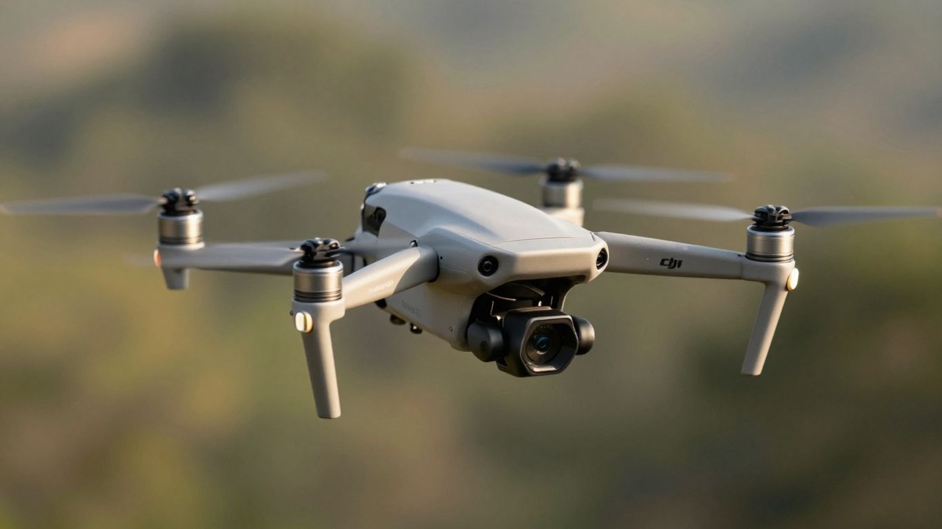 DJI Air 3S drone flying in a natural setting.