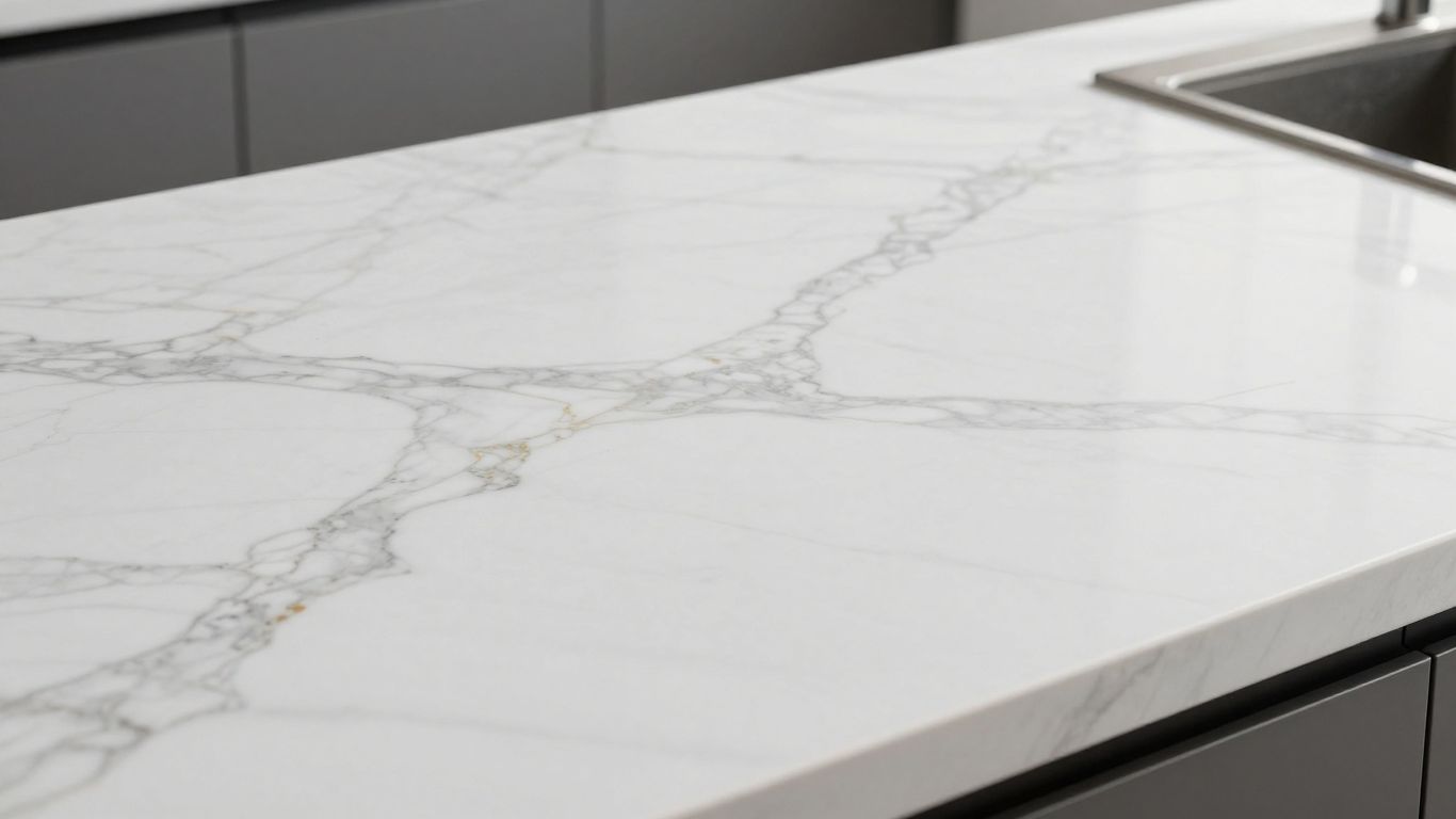 White marble effect kitchen worktop with grey veining.