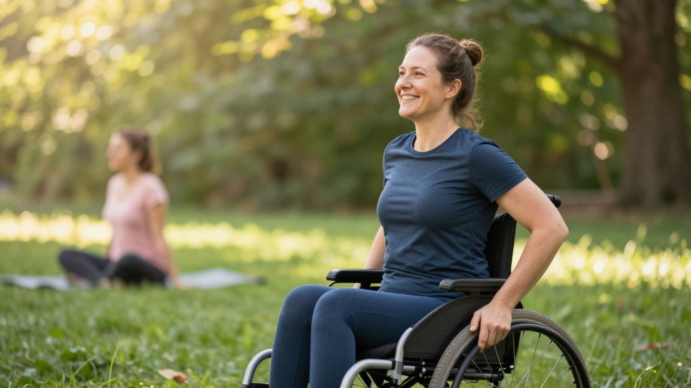 Person in wheelchair doing adaptive yoga outdoors.