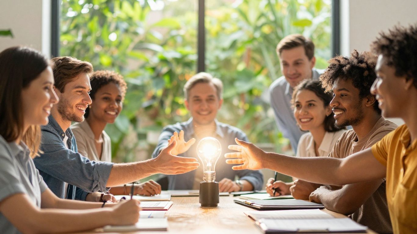 People collaborating, reaching for bright light, green background.