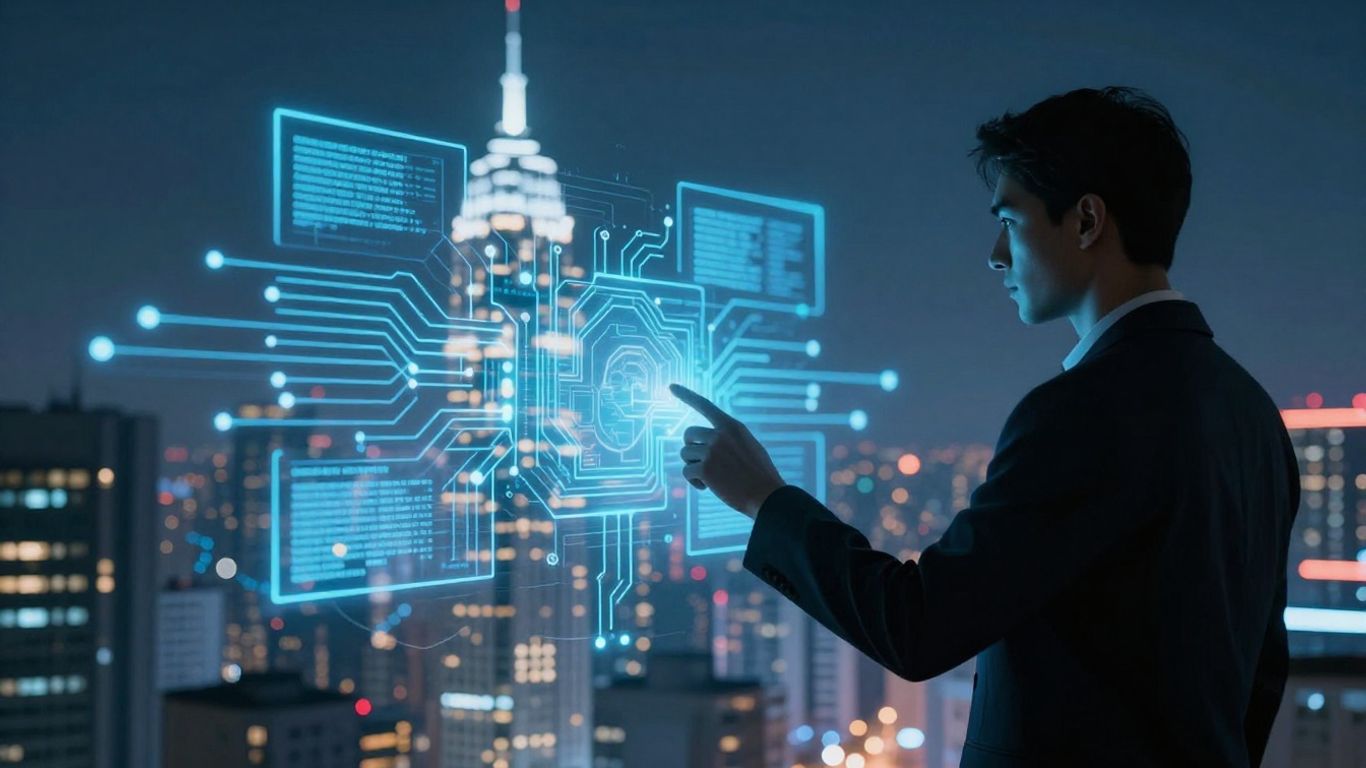 Oraș futurist cu circuite digitale și siluetă umană.