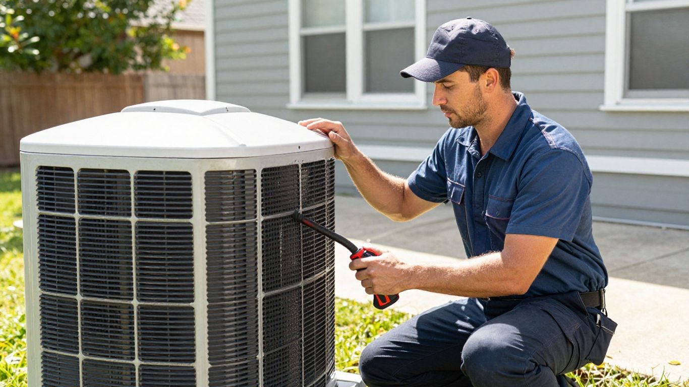 HVAC technician servicing an outdoor air conditioning unit.