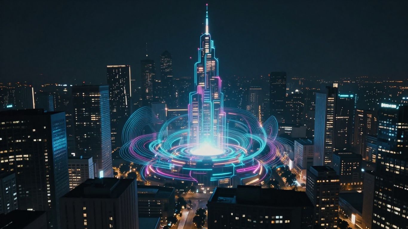 Futuristic AI cityscape with glowing patterns.