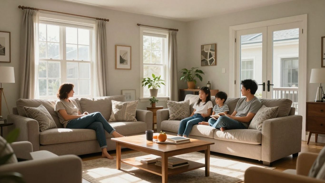 Familia relajada en una casa segura y luminosa.