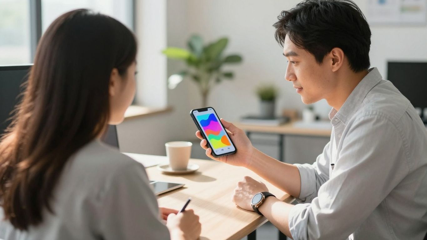 Coach and client discussing mood tracking on a smartphone.