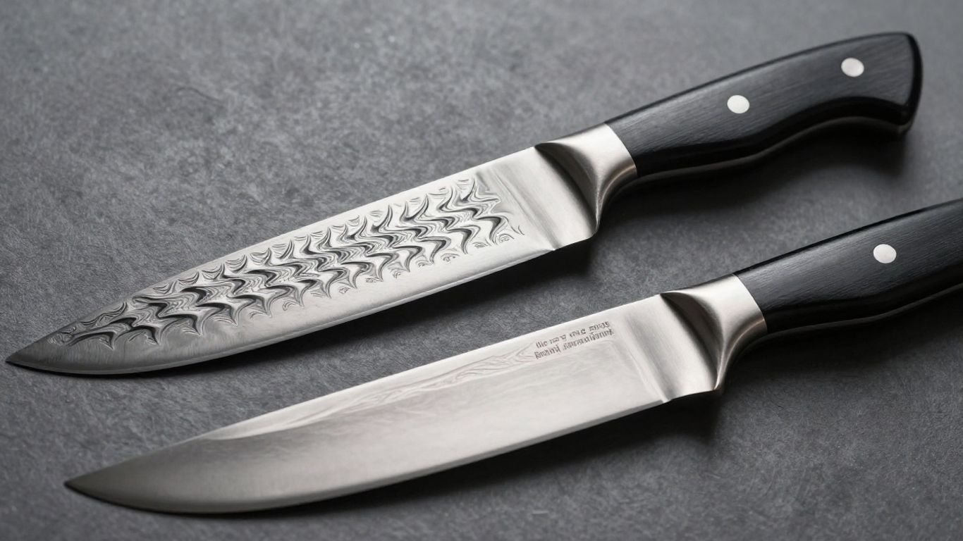 Damascus and stainless steel knives side-by-side.