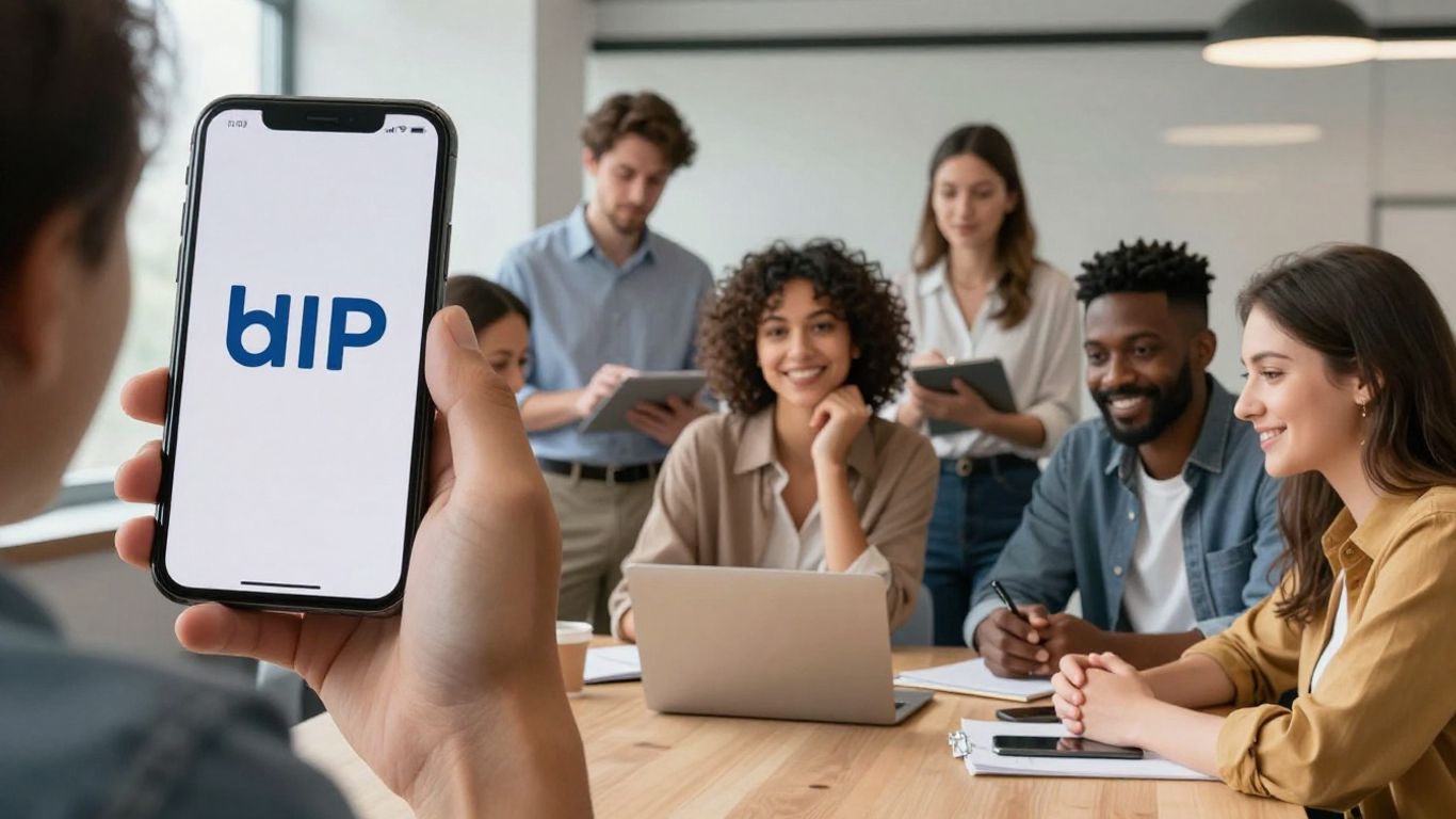 Person looking at bHIP reviews on phone, people in meeting.
