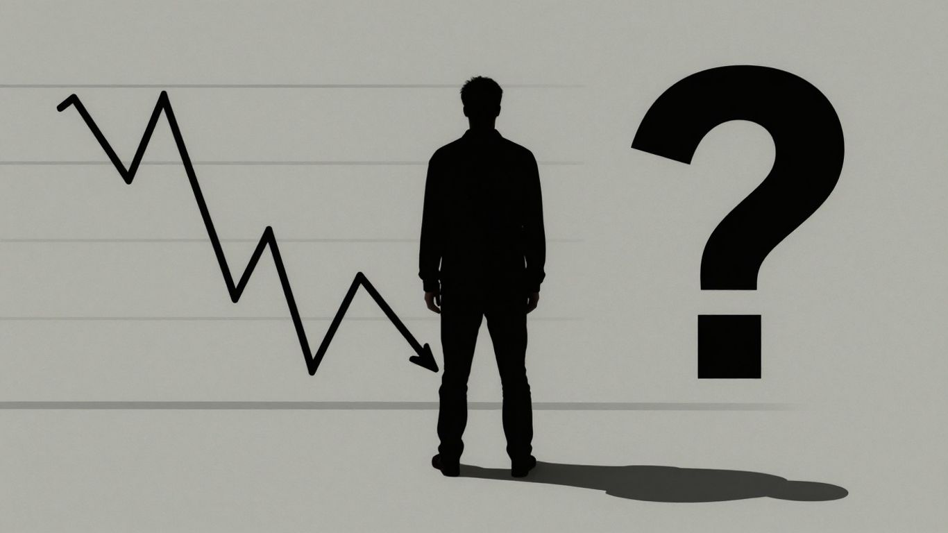Stock chart turning into a question mark with a shadowy figure.