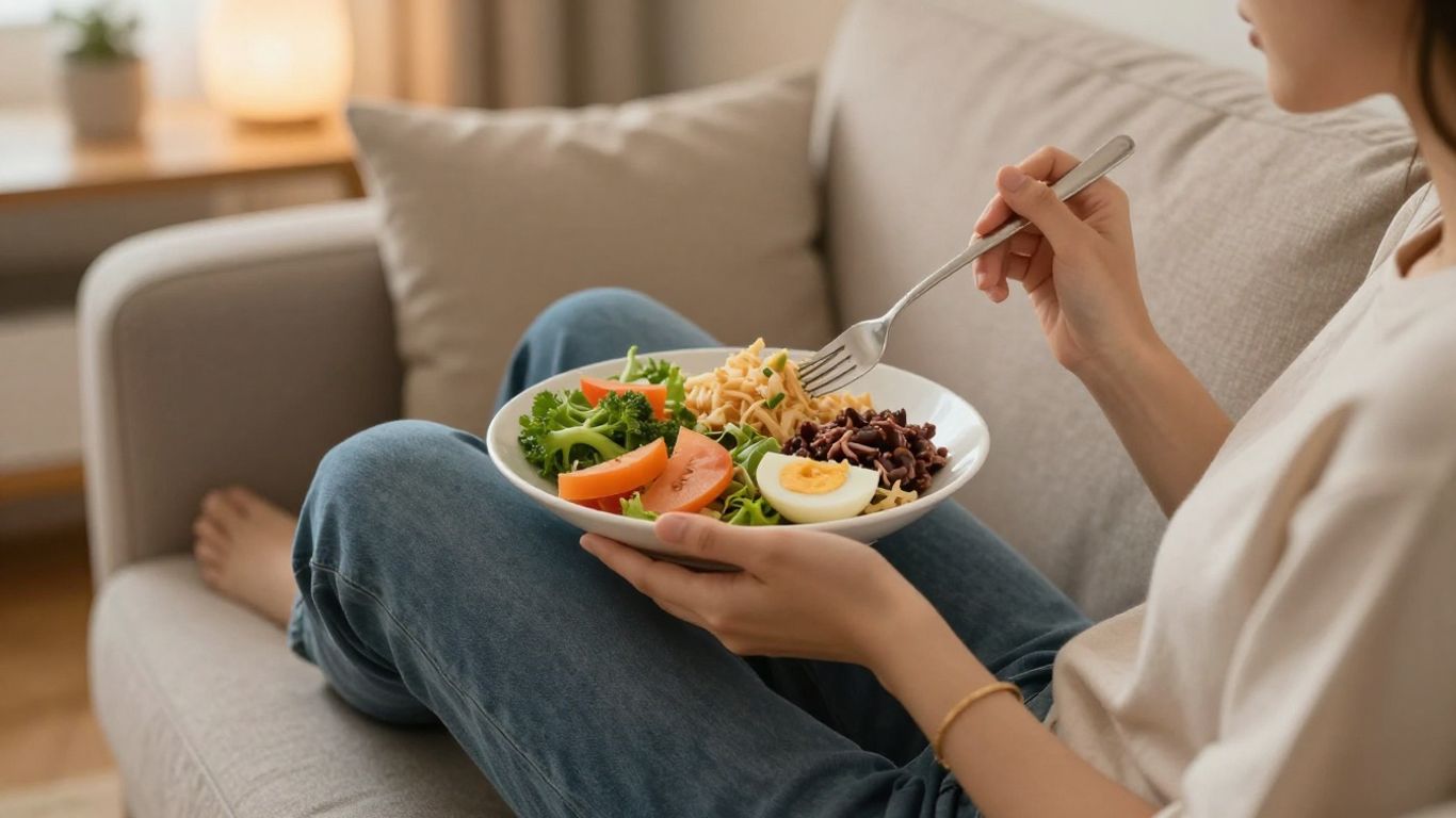 Person relaxing with a healthy meal after work.