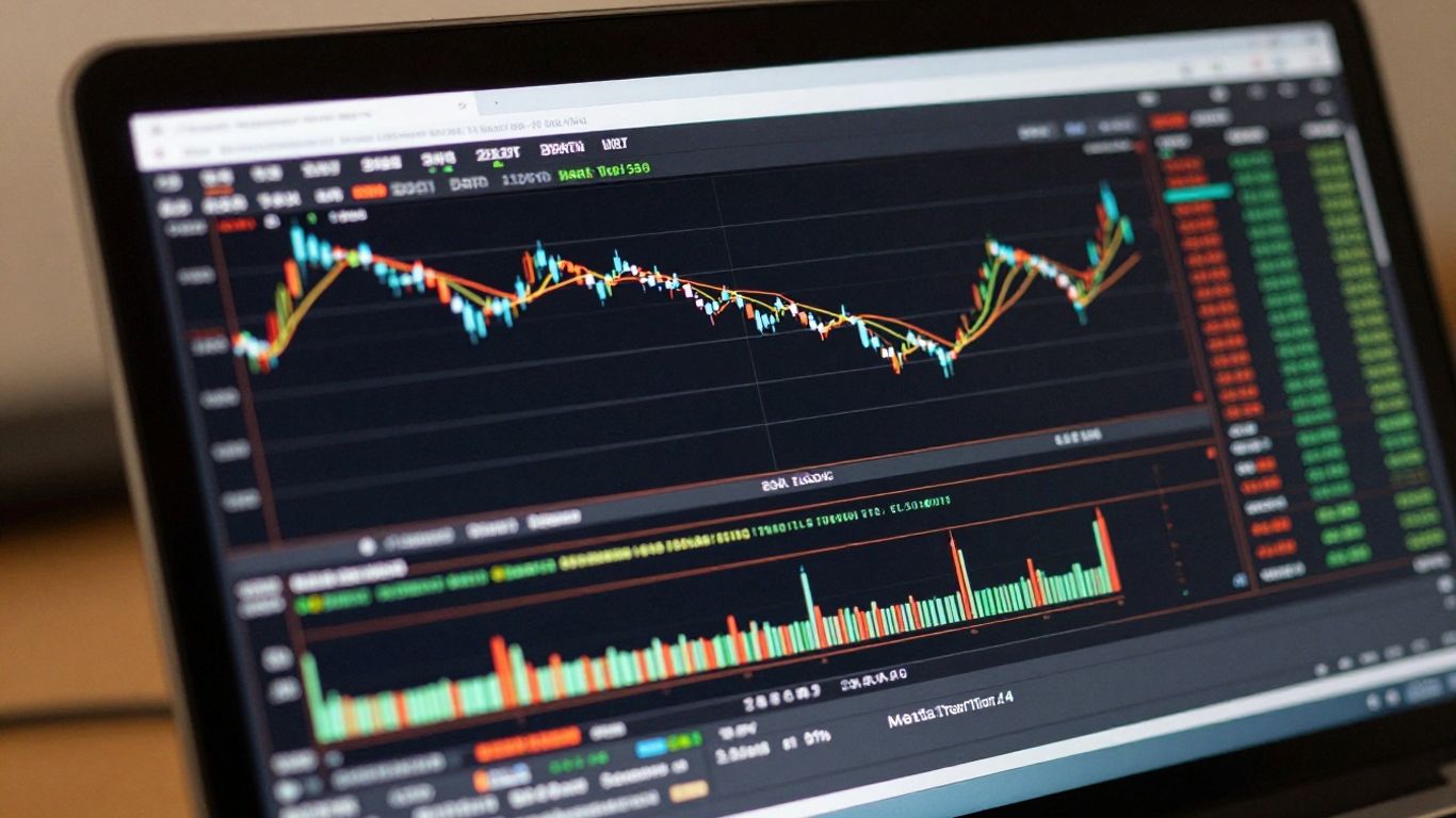 MetaTrader 4 trading platform on a laptop screen.