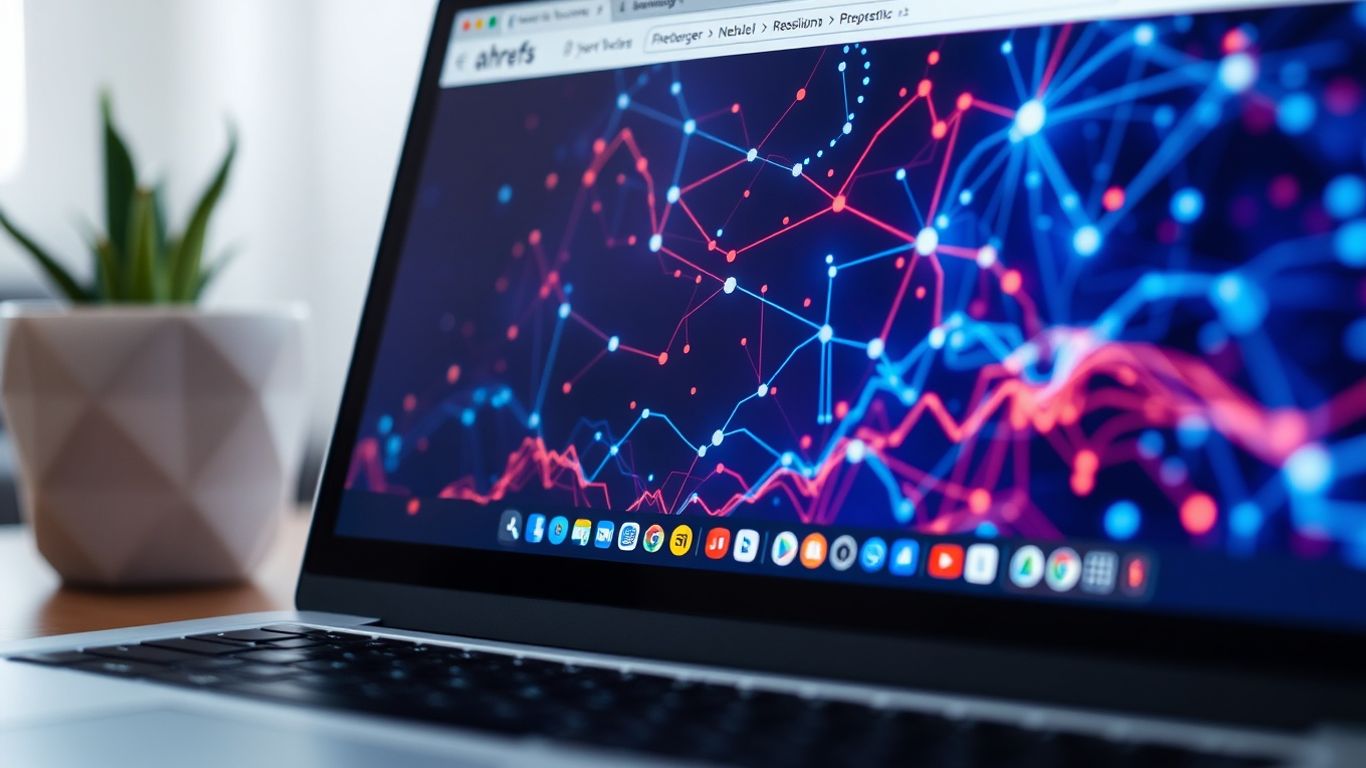 Ahrefs competitor research tool interface on a laptop screen.