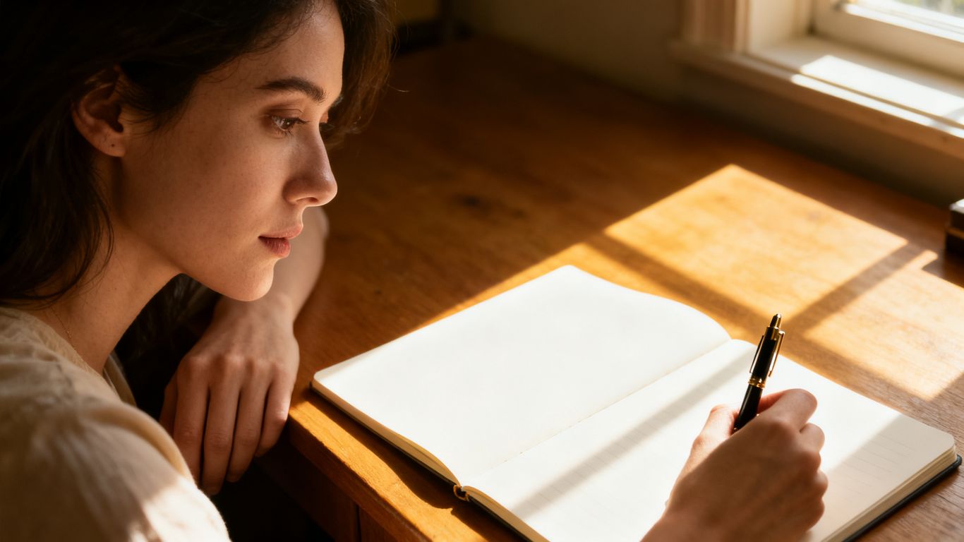 Woman at desk with pen poised over blank notebook.