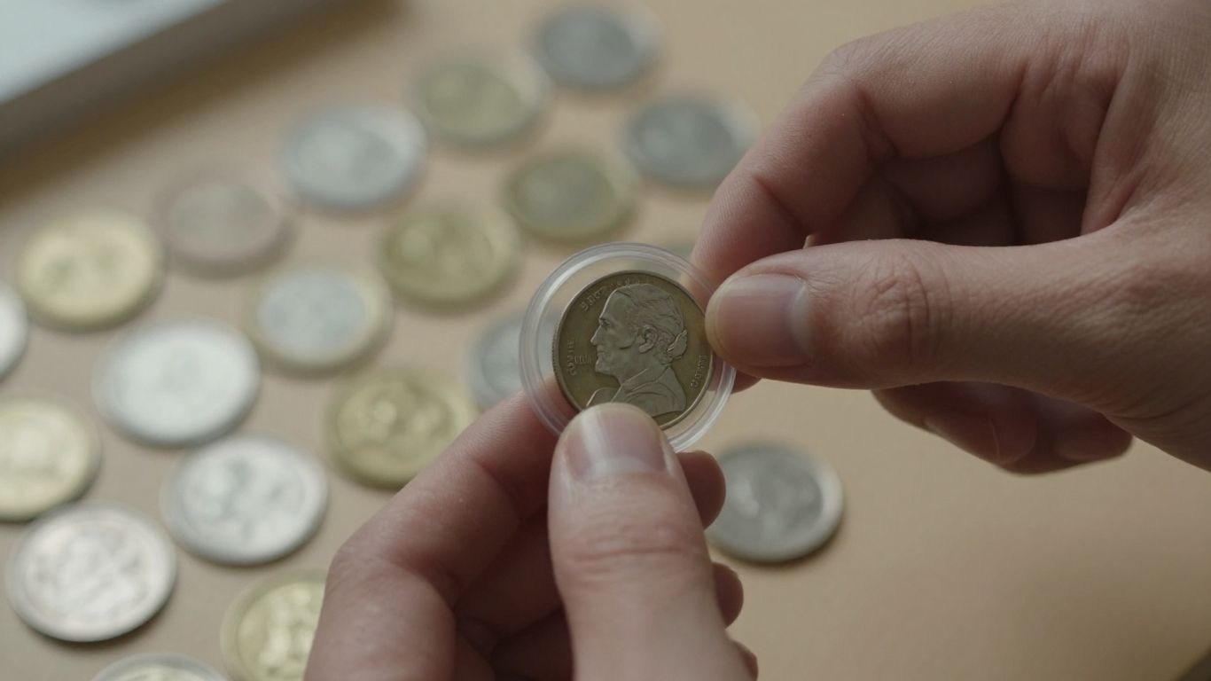 Hand placing coin in capsule, coin collection background.