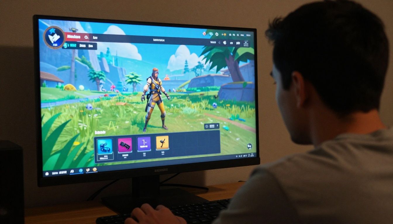 Um jogador focado em seu monitor com a interface do Fortnite exibindo missões e progresso de nível