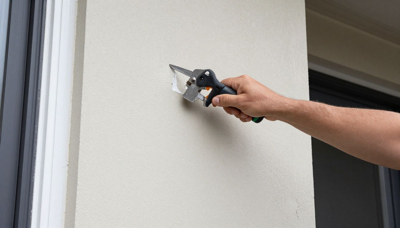 Photorealistic close view of a stucco contractor restoring a light-colored residential exterior in the Chicago suburbs, with realistic tools and surfaces, no visible faces, no text, and no logos
