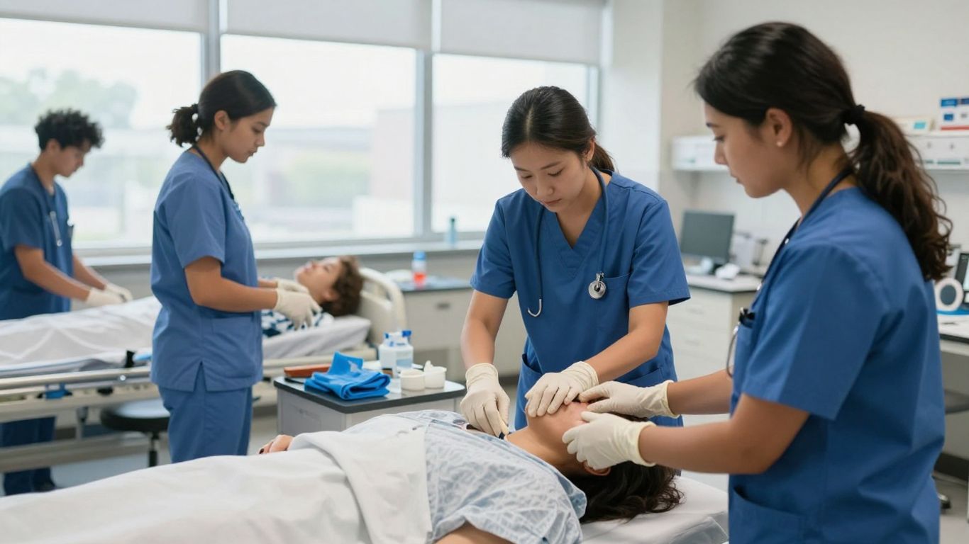 CNA students practicing skills in a training lab