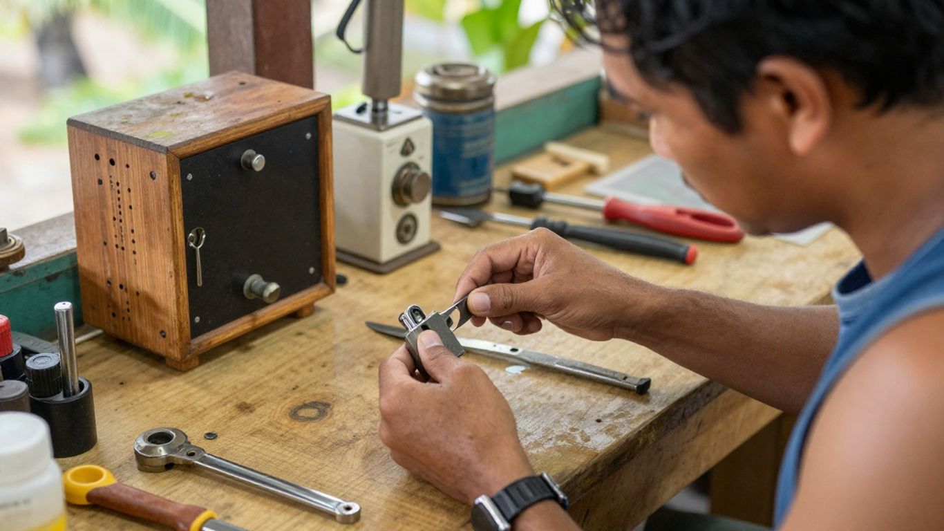 Locksmith working on a lock in Haleiwa, Hawaii.