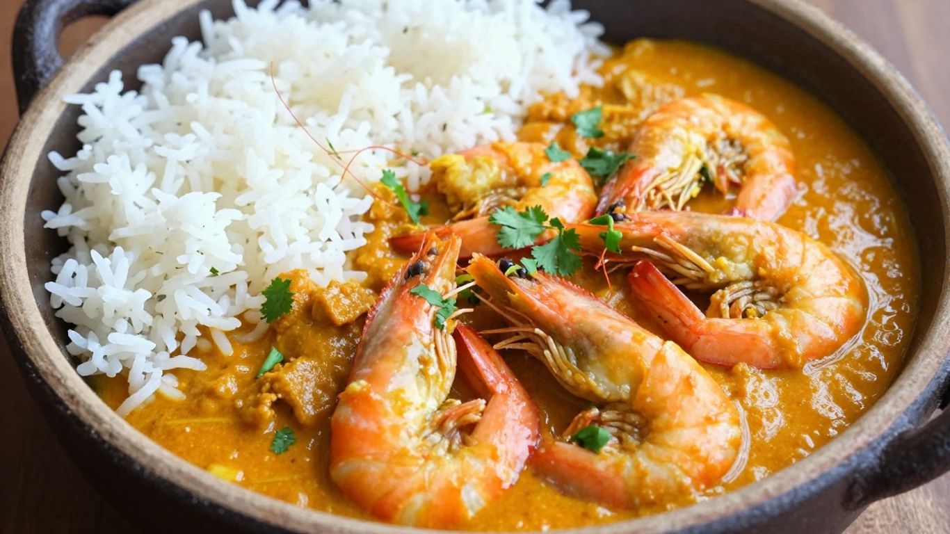 Goan shrimp curry in a bowl with rice.