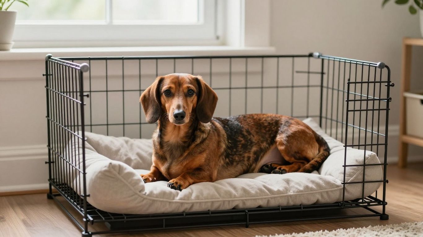 Dachshund resting inside a wire crate