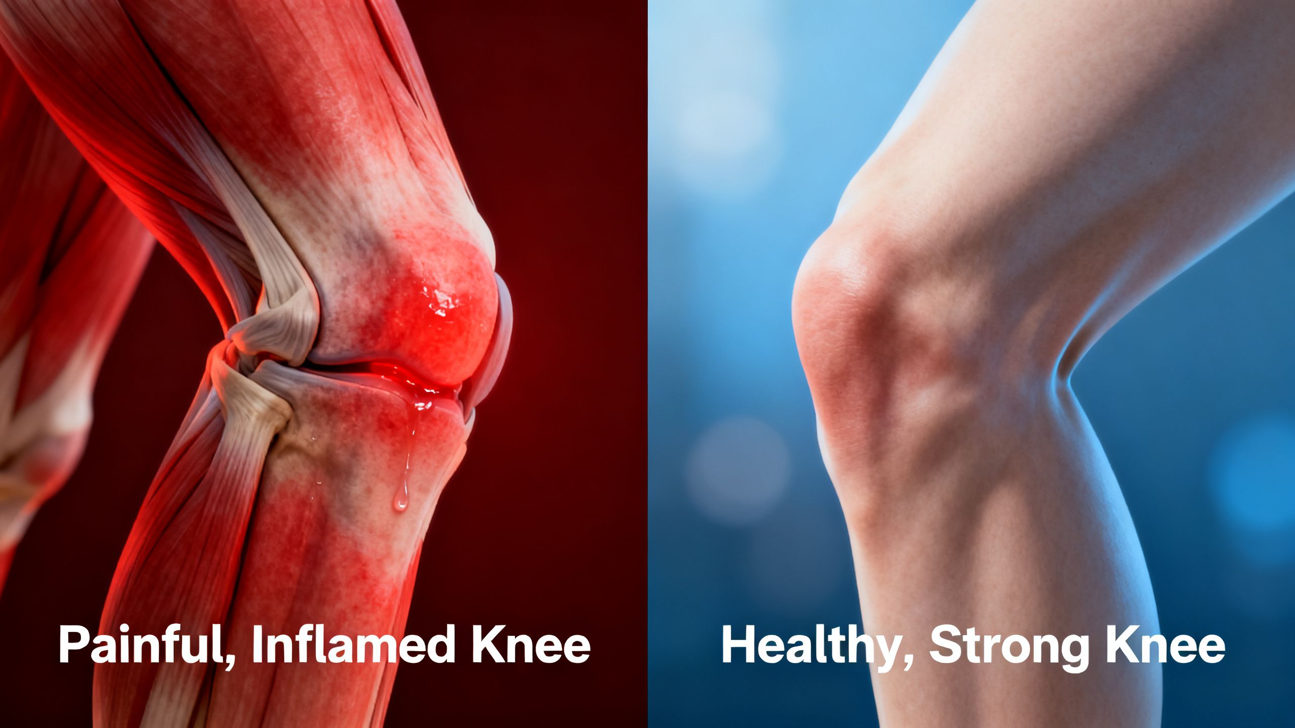 A split image showing a painful, inflamed knee on one side and a healthy, strong knee on the other, symbolizing recovery.